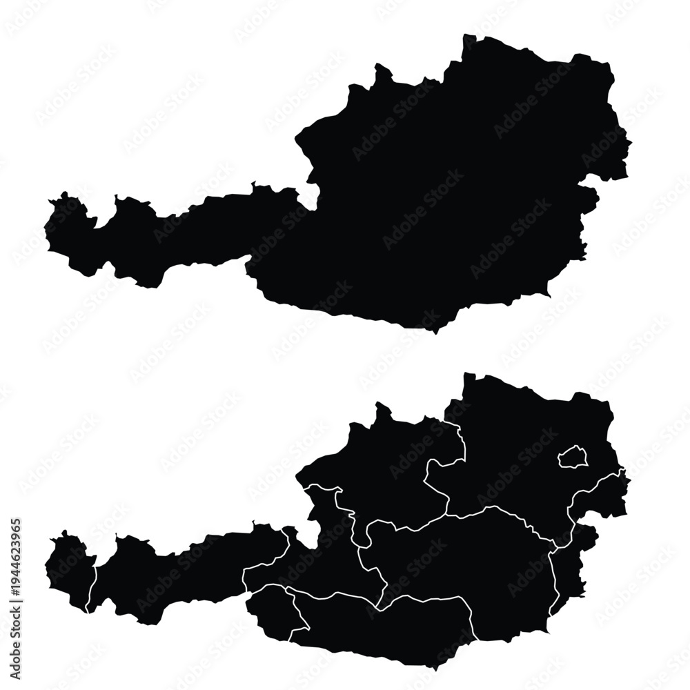 Fototapeta premium A black silhouette map of Austria is displayed in two views. The top shows the country outline, and the bottom details its federal states. Ideal for geography and travel content.