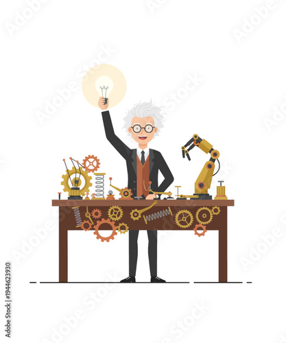 Inventor scientist holding lightbulb idea with gears and tools vector illustration
