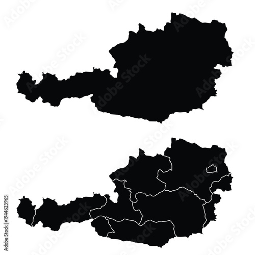 A black silhouette map of Austria is displayed in two views. The top shows the country outline, and the bottom details its federal states. Ideal for geography and travel content.