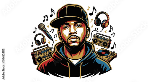 A vibrant illustration of a hip-hop artist wearing a baseball cap and hoodie, surrounded by musical elements like a microphone, headphones, boomboxes, and a turntable.