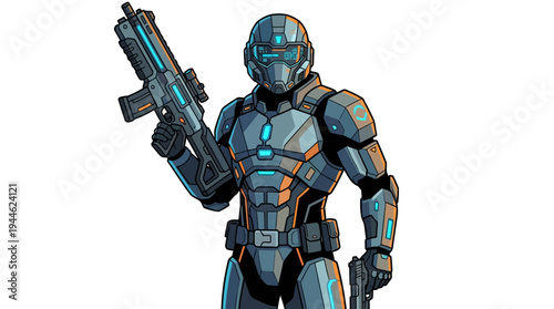 A futuristic soldier in advanced armor holding a rifle and a pistol, ready for combat.