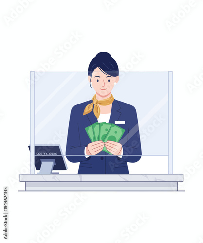 Female hotel receptionist holding cash payment vector illustration flat design