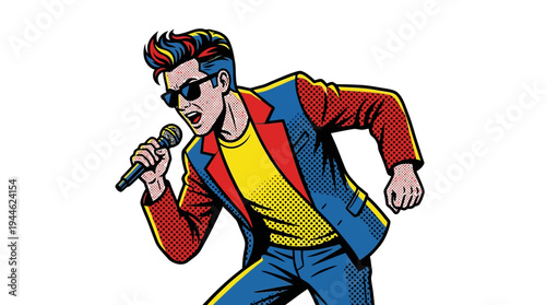 A vibrant comic-style illustration of a male singer with colorful hair and sunglasses holding a microphone.