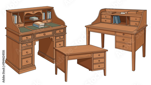Three classic antique wooden desks with roll top designs and multiple drawers offer a vintage workspace style.
