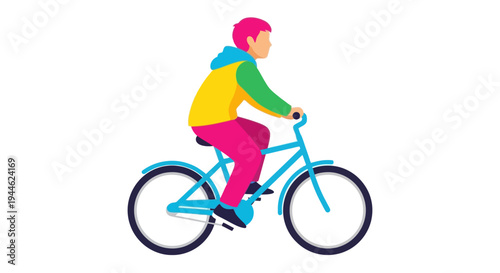 Young person riding a bicycle, colorful outfit, active lifestyle, healthy transport