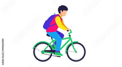 Young boy with backpack riding a green bicycle, isolated on white background.