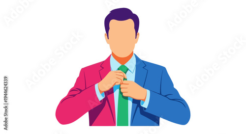 Businessman adjusting tie, split suit, modern flat illustration