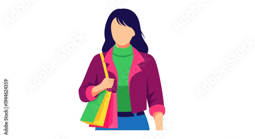 Woman with Shopping Bags, Casual Style, Colorful Outfit, White Background, Flat Design