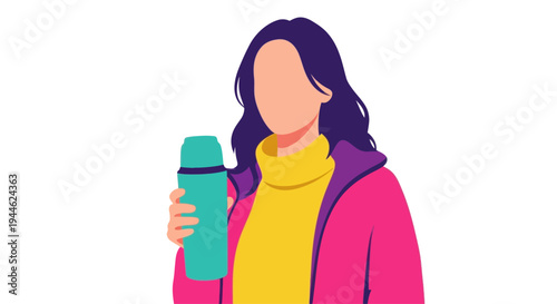 Woman in a jacket holding a thermos flask, flat design illustration