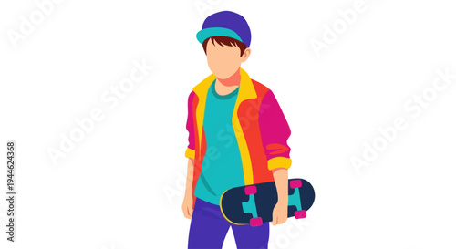 Young Skater Boy with Skateboard, Colorful Outfit, Isolated on White Background