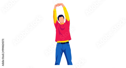 Man stretching arms overhead, fitness, exercise, healthy lifestyle, active, workout, vector illustration