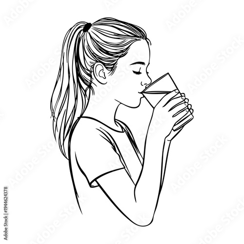 Dibujo sencillo con líneas de una chica joven bebiendo un vaso de leche, sujetándolo con las dos manos 