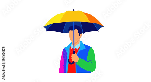 Man holding colorful umbrella isolated on white background, vector illustration