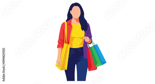Woman with Shopping Bags - Colorful Casual Style, Retail Therapy, Consumerism Concept