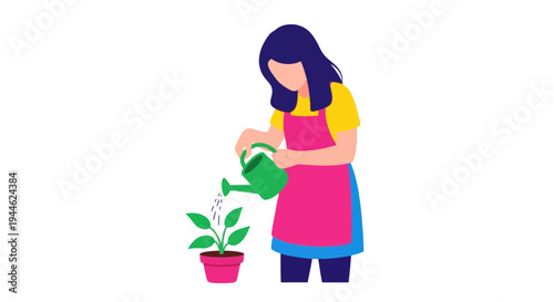 Woman Watering Plant with Watering Can - Flat Illustration