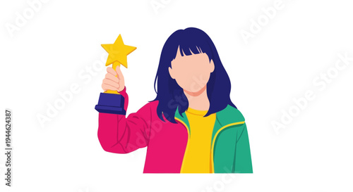 Woman Holding Golden Star Trophy, Award Winner, Achievement, Success, Celebration