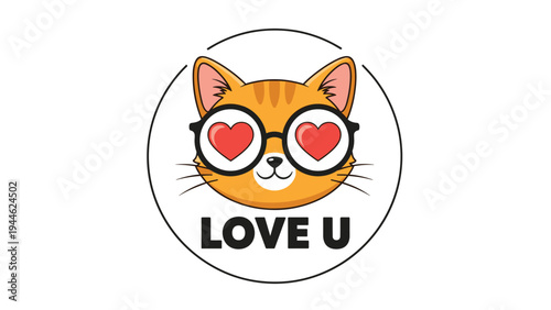 Cute orange cat sticker wearing heart shaped glasses with text saying love you for romantic greetings and pet lover expressions.