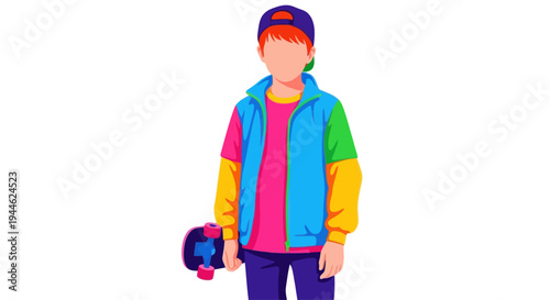 Young boy with skateboard, vibrant colors, casual style, isolated on white background