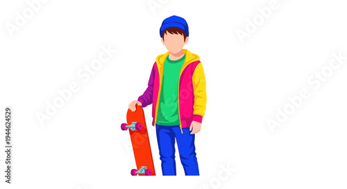 Young Boy with Skateboard, Colorful Jacket, and Blue Cap - Vector Illustration