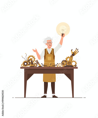 Elderly inventor holding lightbulb idea with vintage gears and animals vector illustration