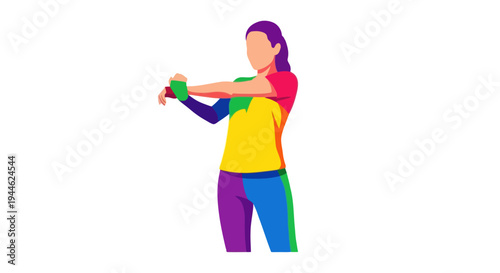 Woman stretching arms in colorful athletic wear, fitness and wellness concept