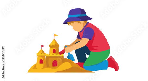Child building sandcastle on beach, summer vacation fun, creative play