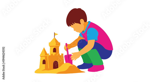 Child building a sandcastle at the beach, playful summer fun, creative childhood activity.