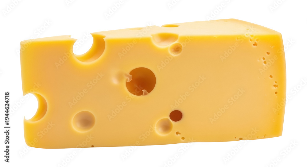 Obraz premium Swiss cheese block isolated PNG, yellow dairy product with holes on transparent background, food ingredient for cooking and sandwiches