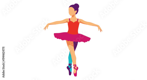 Ballet dancer in tutu performing pose on white background, flat design