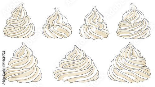 Collection of various shapes of light and airy whipped cream or meringue peaks for dessert decorations.