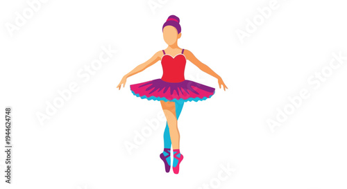 Young ballerina dancing in a vibrant tutu and pointe shoes, isolated on white.