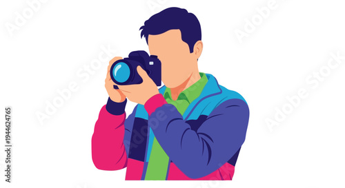 Man Photographer Taking Pictures with Camera, Creative Hobbyist, Vector Illustration