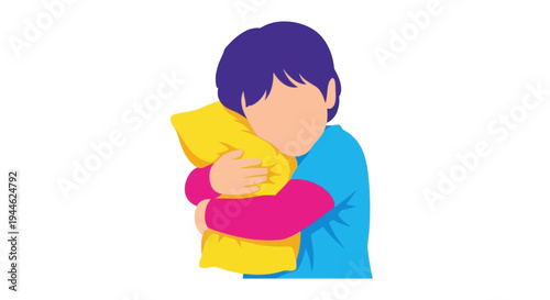 Child Hugging Yellow Pillow, Comfort, Security, Sleep, Loneliness, Vector Illustration