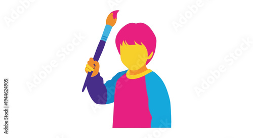Child artist holding paintbrush, creative art concept, vibrant colors
