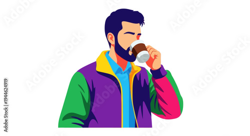 Man drinking coffee, enjoying a warm beverage, modern illustration
