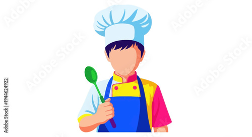 Young chef character holding a spoon, cartoon illustration