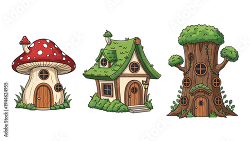 Three unique fantasy dwellings including a red mushroom house, a cozy cottage, and a massive forest treehouse.