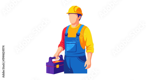 Construction worker with toolbox, safety helmet, blue overalls, yellow shirt, white background