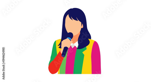Woman speaking into microphone, colorful blazer, flat illustration