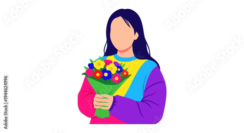 Woman Holding Colorful Flower Bouquet - Flat Illustration