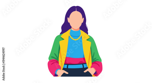 Woman with purple hair and colorful outfit, flat design illustration