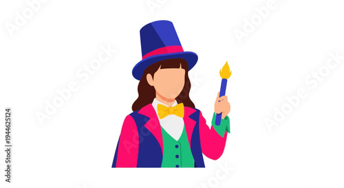 Magician Girl in Top Hat with Wand, Performing Illusion