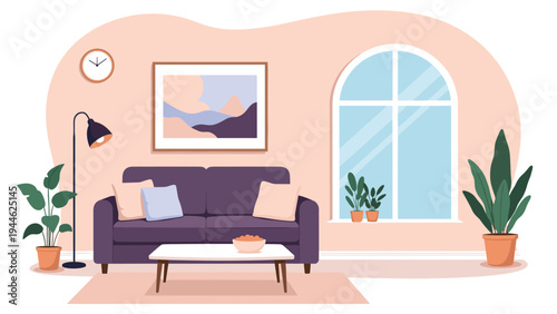 Stylish modern living room features a purple sofa, white coffee table, large window, and indoor potted plants.