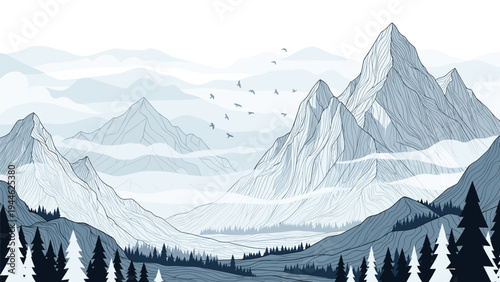 Beautiful line art drawing of a majestic mountain range with pine forests and a flock of birds in the sky.
