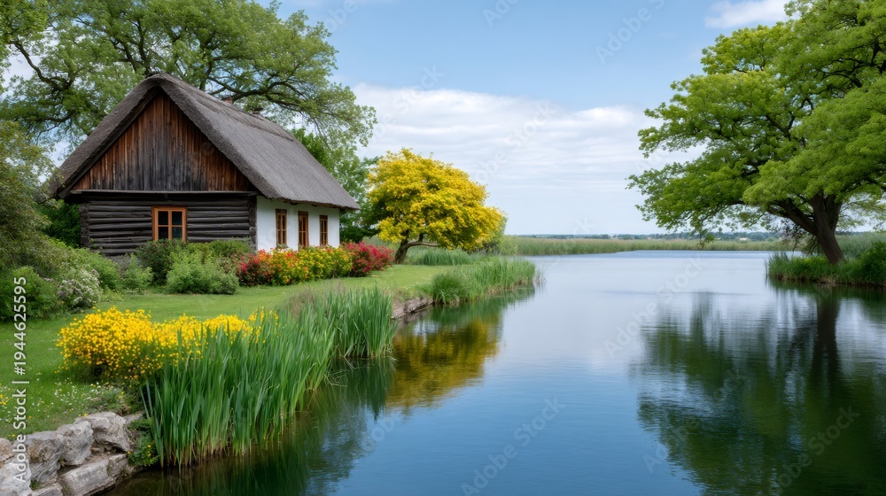 Obraz premium Old cottage with thatched roof beside calm lake