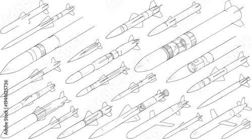 Technical line art drawing collection of various military missiles ballistic rockets and tactical projectile weapons for defense industry