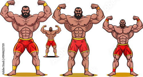 Set of 4 muscular man vector illustrations in different poses
