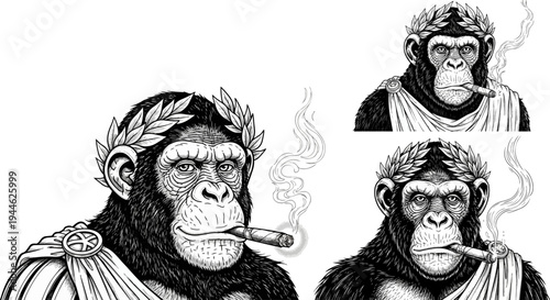 Set of 3 vector chimpanzee illustrations in laurel wreaths