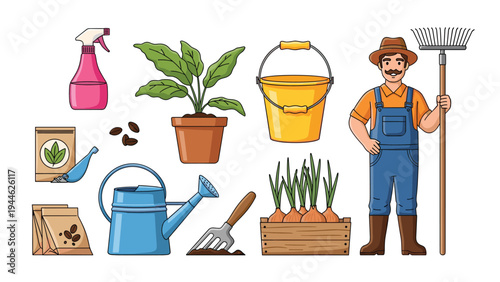 Friendly gardener stands with his tools including a rake, watering can, potted plant, and fresh vegetables.