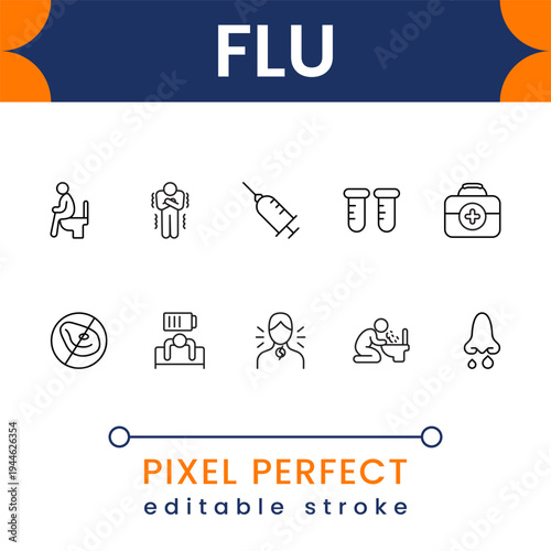 Flu healthcare icon collection with virus, fever thermometer, cough and medical treatment symbols clean modern vector design